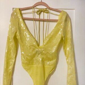 Bardot Yellow Sequin Strappy Bodysuit